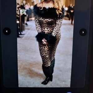 Leopard Print Off-Shoulder Dress with Black Fur Trim